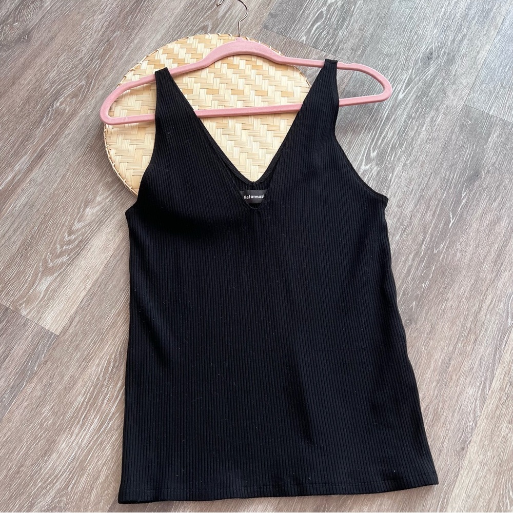 Reformation Black Ribbed V-Neck Tank Top